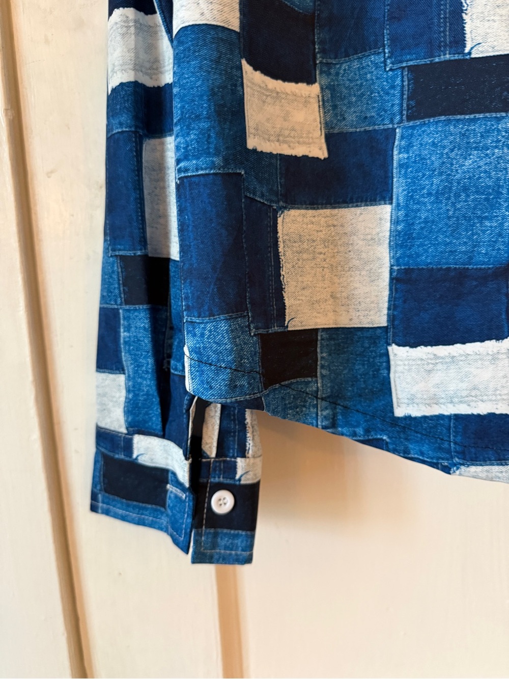 Blue and White Patchwork Button-Up Shirt - Picture 8 of 8